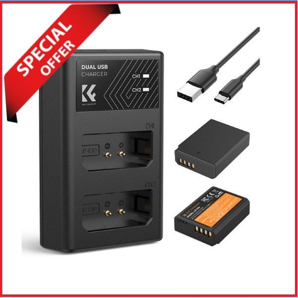 K&F Concept KF28.0028 Canon LP-E10 1200mAh 2 Batteries & Fast Dual Slot Charger Set – Black