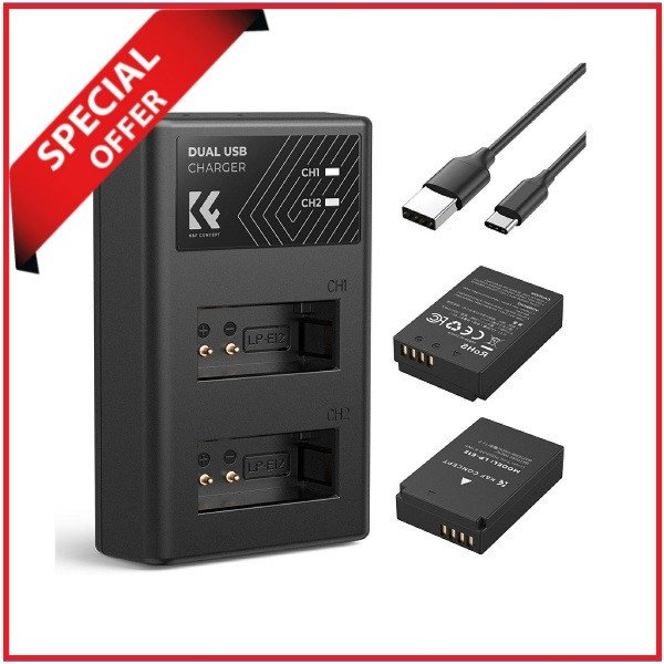 K&F Concept KF28.0029 Canon LP-E12 1100mAh 2 Batteries & Fast Dual Slot Charger Set – Black