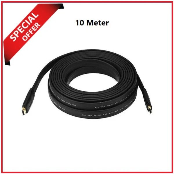 YE HDMI Male To HDMI Male Gold-Plated Copper Build Flat Cable (10 Meter) – Black