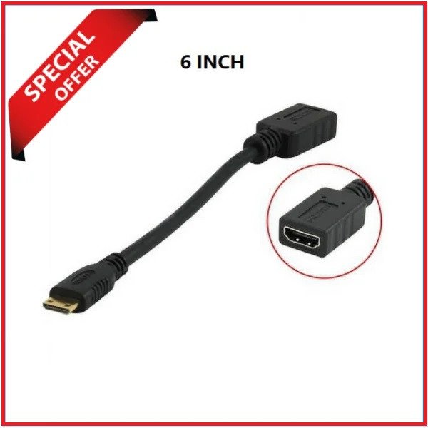 YE Mini HDMI Male to HDMI Female Cable Adapter (6 Inch) – Black