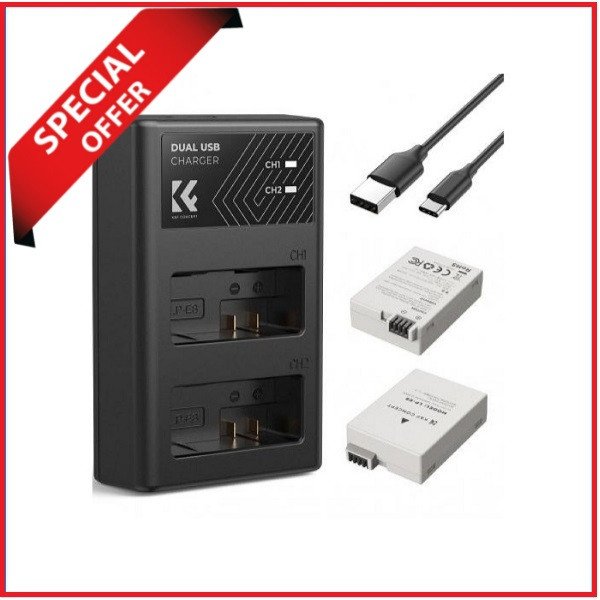 K&F Concept KF28.0027 Canon LP-E8 1200mAh 2 Batteries & Fast Dual Slot Charger Set - Black