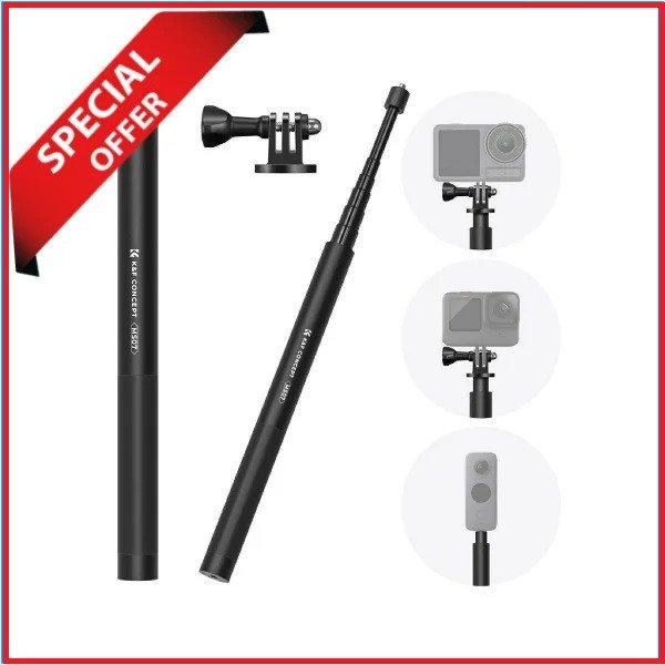 K&F Concept KF09.132 MS-07 Aluminum 60″ Invisible Extension Pole Selfie Stick for Insta360, GoPro, DJI Action Cameras with Adapter – Black